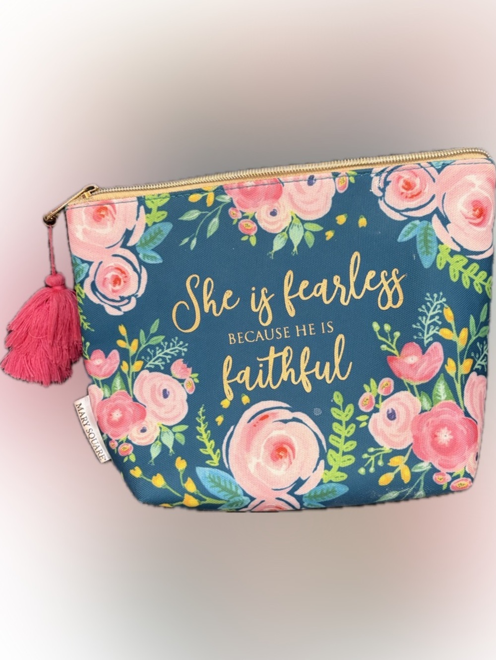 Fearless Floral Navy Cosmetic Pouch with Pink Tassel